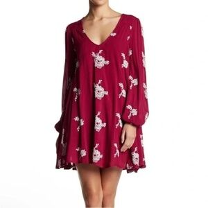 Free People Emma Dress Floral Embroidered Berry Long Sleeve Open Back